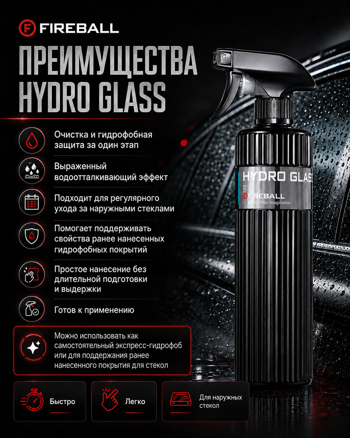FIREBALL HYDRO GLASS - Гидрофобный очиститель стекол, 500 мл: фото 4